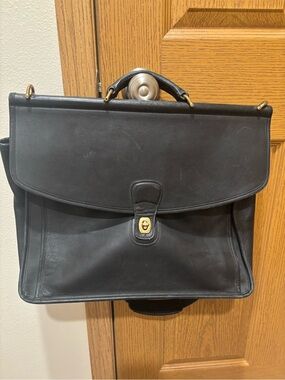 Coach Black Leather Laptop Bag with Gold-Tone Hardware